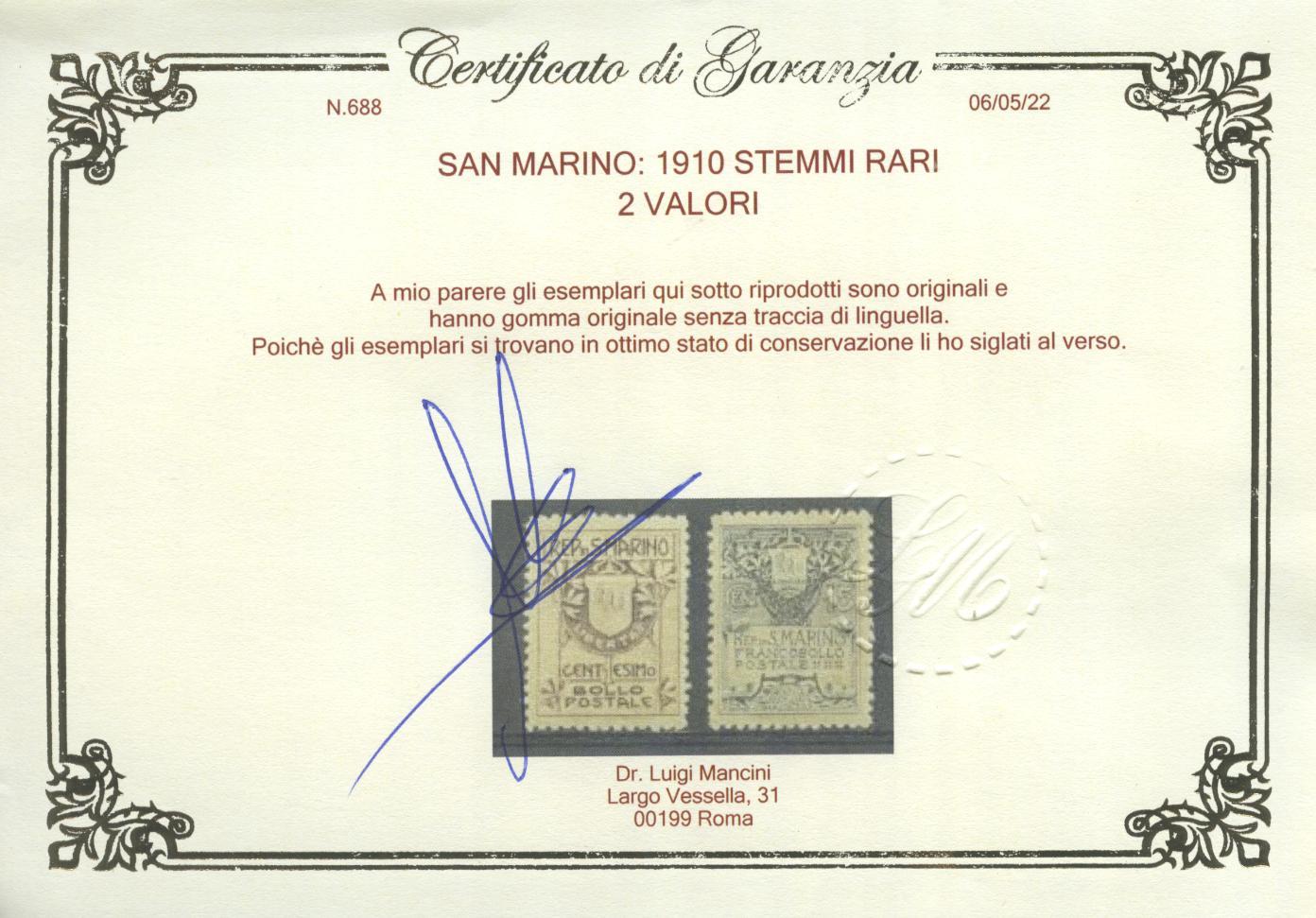 Scansione lotto: SAN MARINO 1910 STEMMI RARI 2V. 2 ** LUSSO CERT.