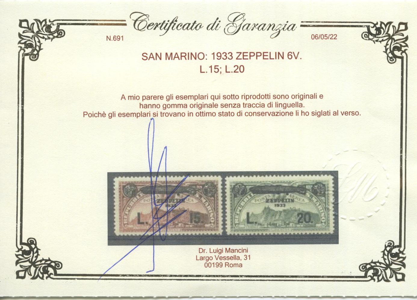 Scansione lotto: SAN MARINO 1933 ZEPPELIN 6V. 2 ** LUSSO CERT.