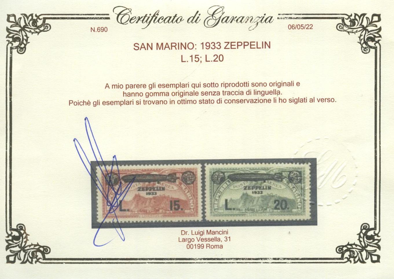 Scansione lotto: SAN MARINO 1933 ZEPPELIN 6V. 3 ** LUSSO CERT.