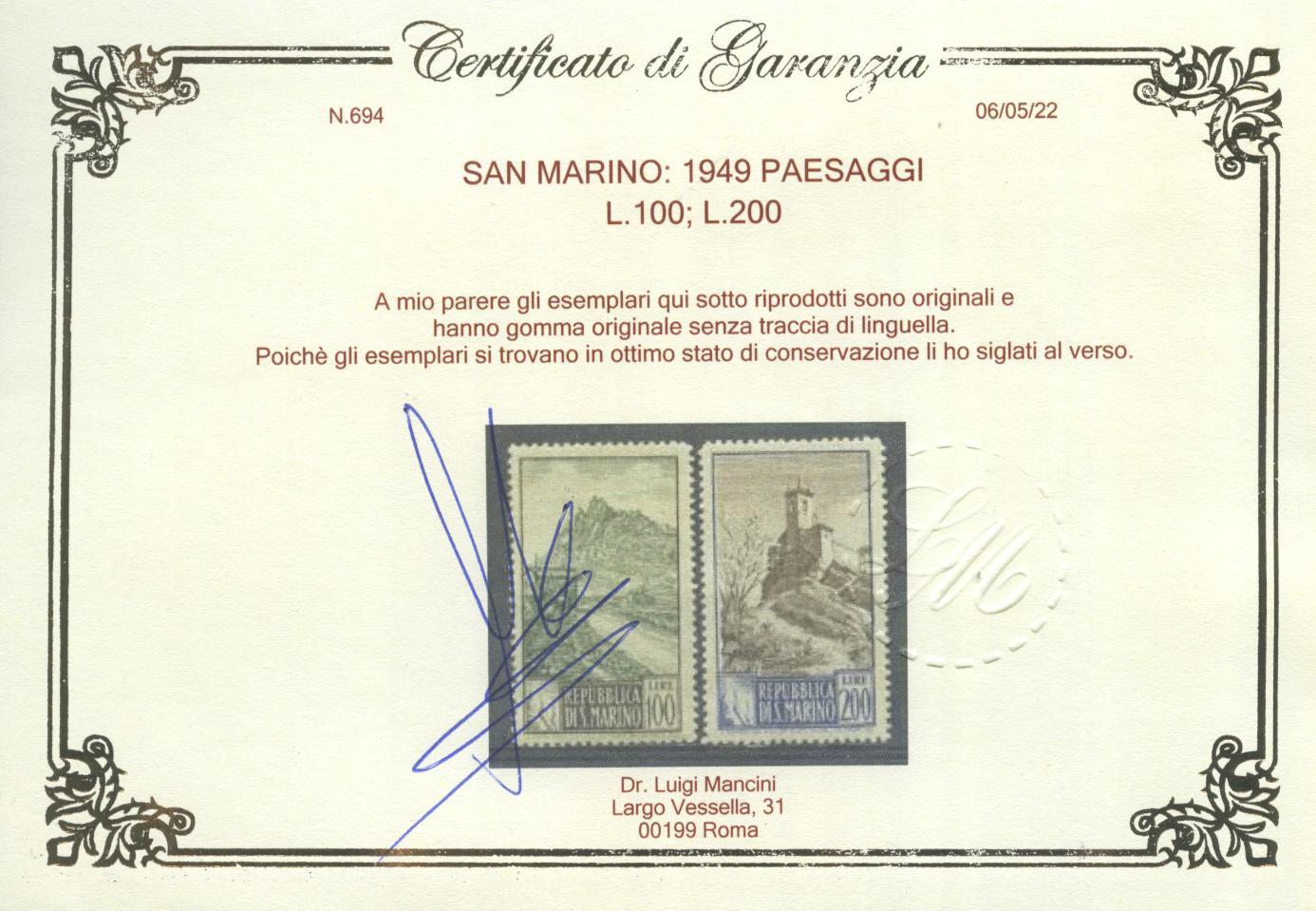 Scansione lotto: SAN MARINO 1949 PAESAGGI 16V. 4 ** LUSSO CERT.