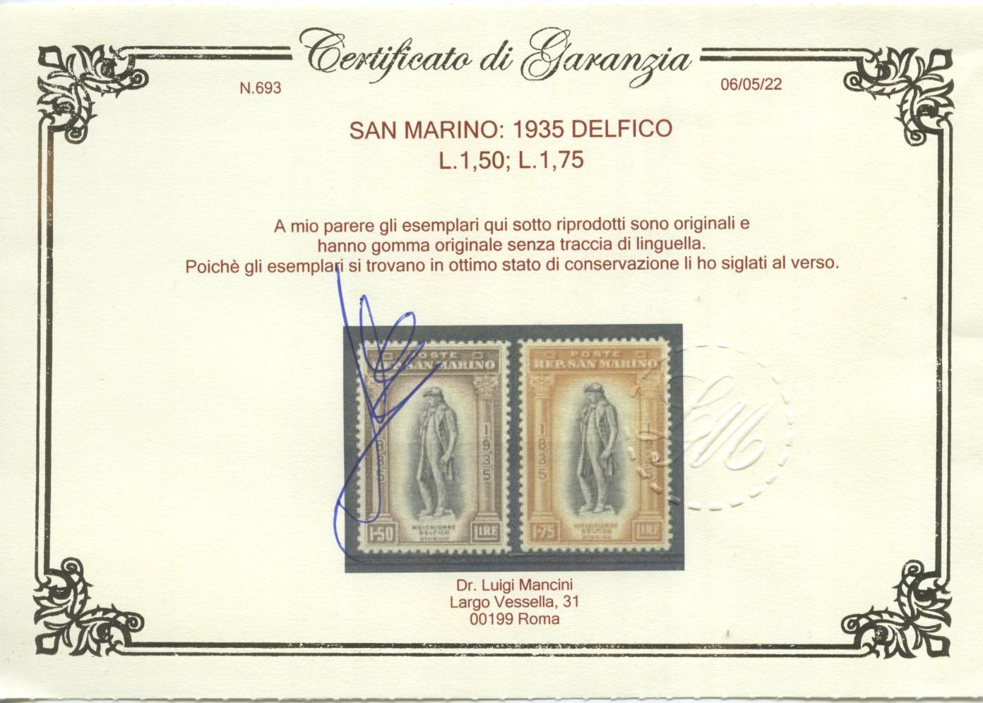 Scansione lotto: SAN MARINO 1935 DELFICO 12V. 4 ** LUSSO CERT.