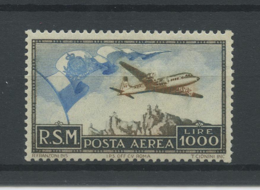 Scansione lotto: SAN MARINO 1951 POSTA AEREA L.1000 2 ** LUSSO CERT.