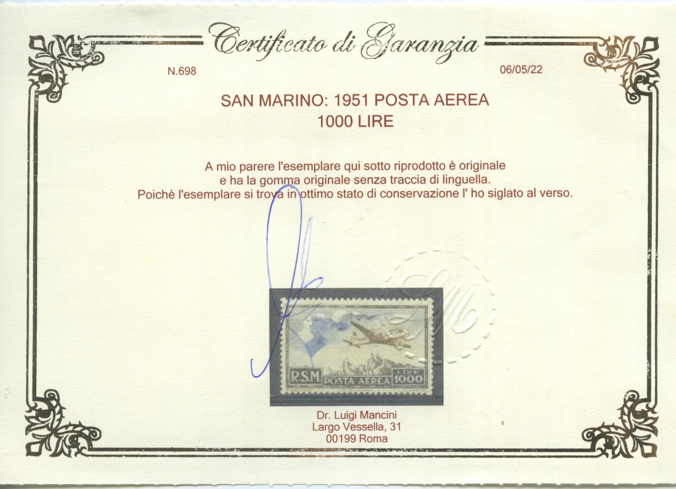 Scansione lotto: SAN MARINO 1951 POSTA AEREA L.1000 2 ** LUSSO CERT.